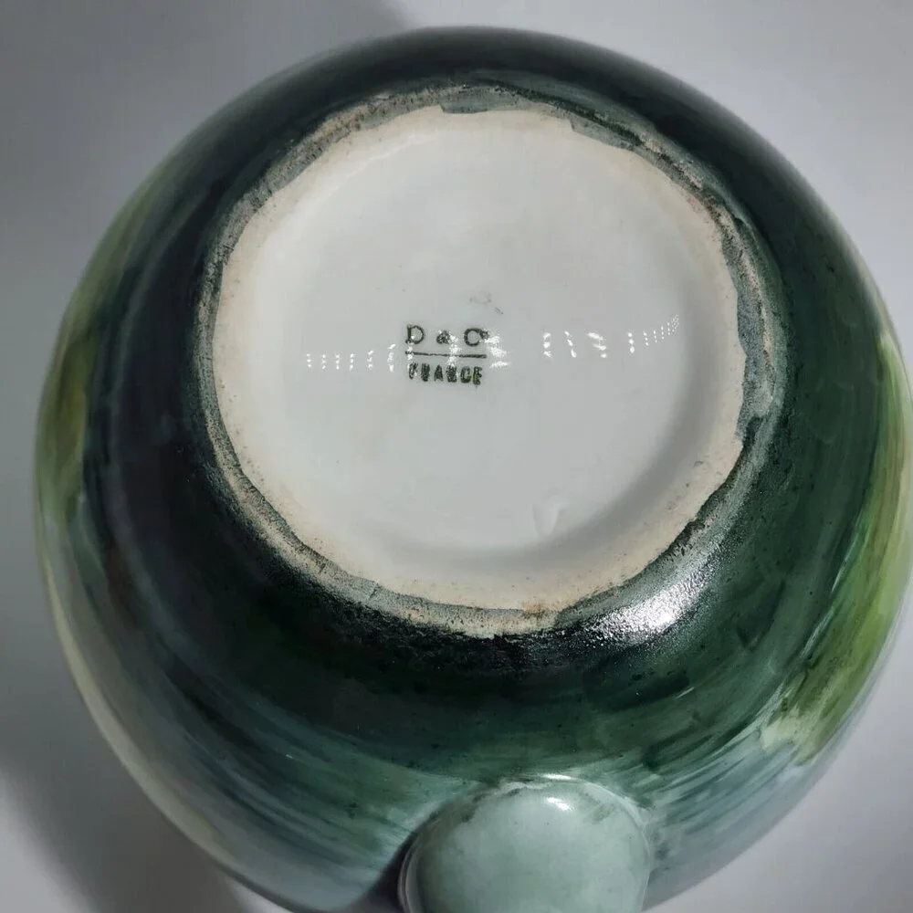 D&C France Vintage Hand Painted Pitcher and Glass Set of 7 Water Lily Green Trim